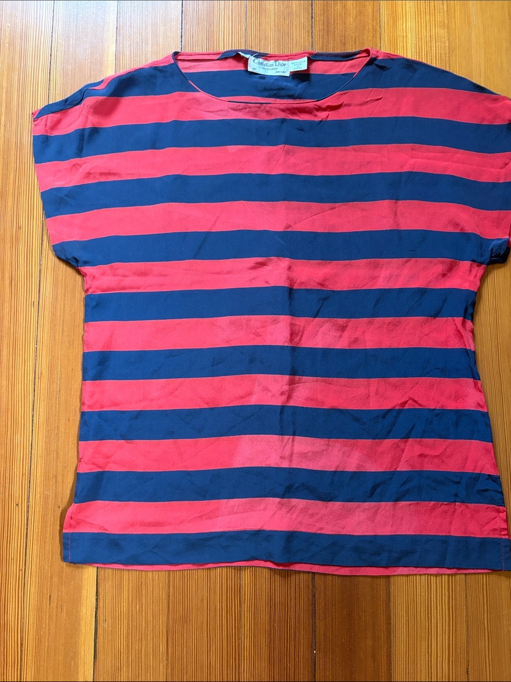 Christian Dior Red and Navy Striped Silk Short Sleeve Top